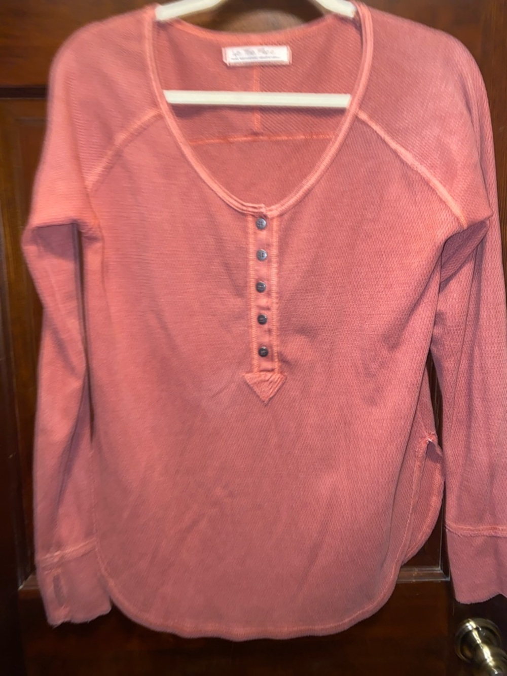 Free People Waffle Thermal Henley Long Sleeve Top - Salmon Coral